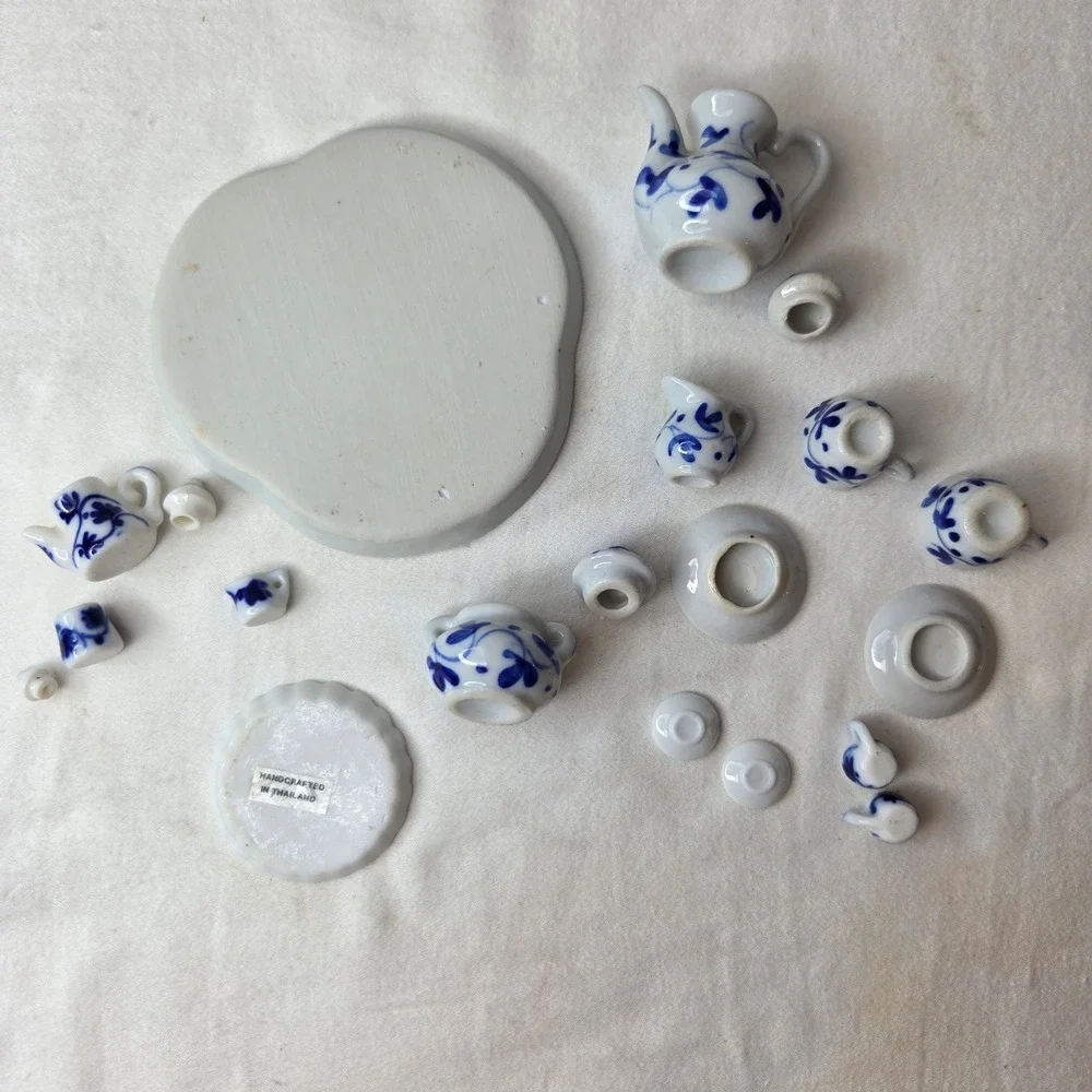 Vtg Handcrafted Thailand Blue White Porcelain Miniature Tea Set 20pc Lot